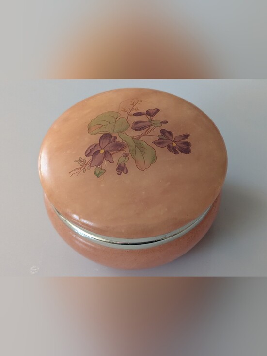 Lefton Jewelry - Vintage Genuine Alabaster Round Hinged Trinket Box "Lefton" Made In Italy. 3.5"